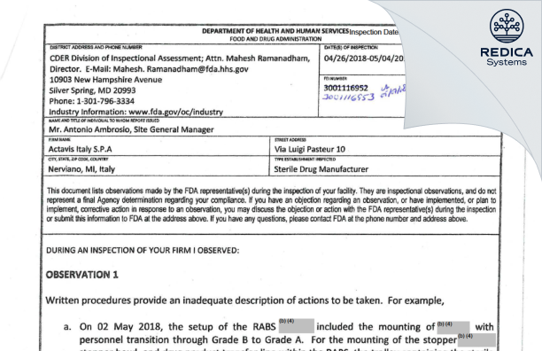 FDA 483 - Actavis Italy Spa A Socio Unico [Italy / Italy] - Download PDF - Redica Systems