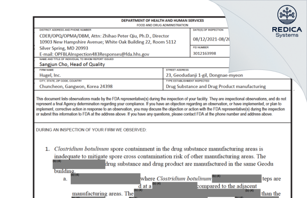 FDA 483 - Hugel, Inc. [Korea South / Korea (Republic of)] - Download PDF - Redica Systems