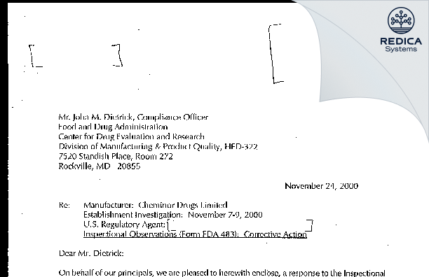 FDA 483 Response - Dr. Reddy's Laboratories Limited [Nalgonda / India] - Download PDF - Redica Systems