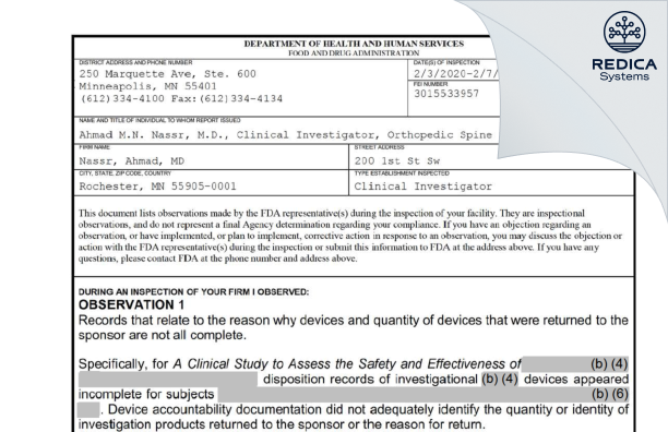 FDA 483 - Nassr, Ahmad, MD [Rochester / United States of America] - Download PDF - Redica Systems