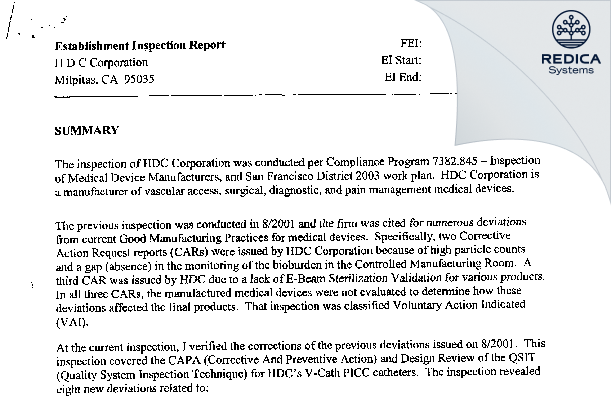 EIR - HDC Corporation [East Palo Alto / United States of America] - Download PDF - Redica Systems