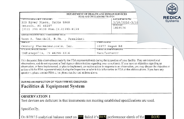 FDA 483 - Century Pharmaceuticals, Inc. [Indianapolis / United States of America] - Download PDF - Redica Systems