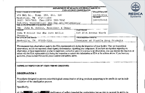 FDA 483 - John W Hollis Inc [Nashville / United States of America] - Download PDF - Redica Systems