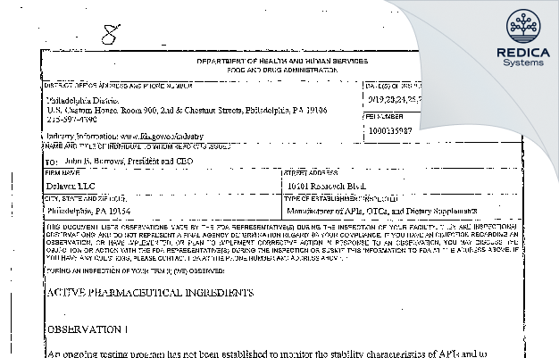 FDA 483 - IVD, LLC [Philadelphia / United States of America] - Download PDF - Redica Systems