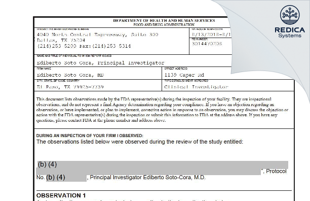 FDA 483 - Ediberto Soto-Cora, MD [El Paso / United States of America] - Download PDF - Redica Systems