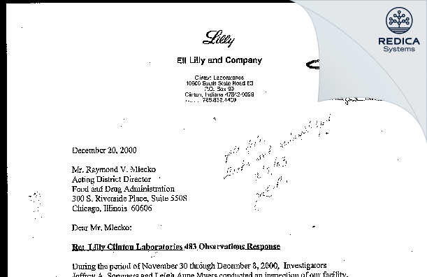 FDA 483 Response - Elanco Clinton Laboratories [Clinton / United States of America] - Download PDF - Redica Systems