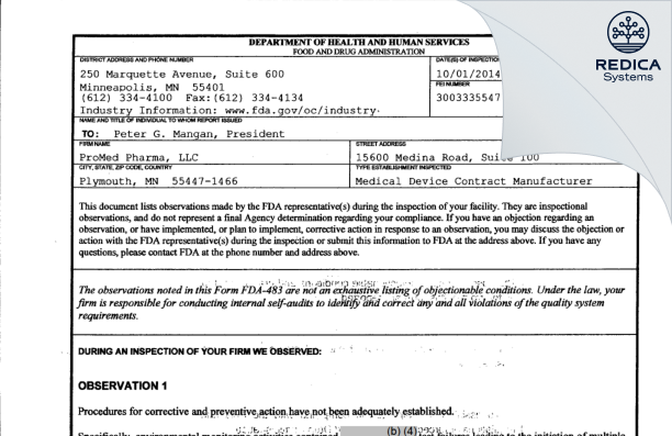 FDA 483 - ProMed Pharma, LLC [Plymouth / United States of America] - Download PDF - Redica Systems