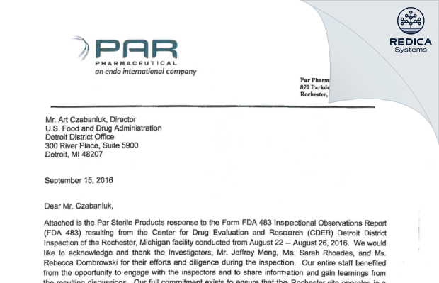 FDA 483 Response - Par Sterile Products LLC [Rochester / United States of America] - Download PDF - Redica Systems