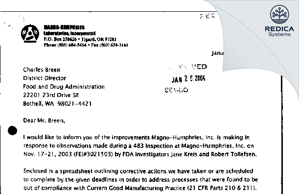 FDA 483 Response - Magno-Humphries, Inc. [Tigard / United States of America] - Download PDF - Redica Systems