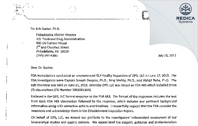 FDA 483 Response - QPS, LLC [Newark / United States of America] - Download PDF - Redica Systems