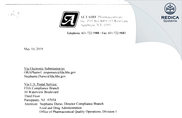 FDA 483 Response - Altaire Pharmaceuticals Inc. [Aquebogue New York / United States of America] - Download PDF - Redica Systems
