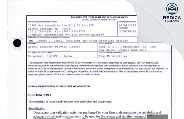 FDA 483 - Apotex Research Private Limited [Bangalore / India] - Download PDF - Redica Systems