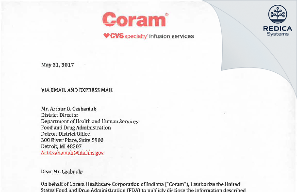 FDA 483 Response - Coram Healthcare Corp. of Indiana [Crown Point / United States of America] - Download PDF - Redica Systems