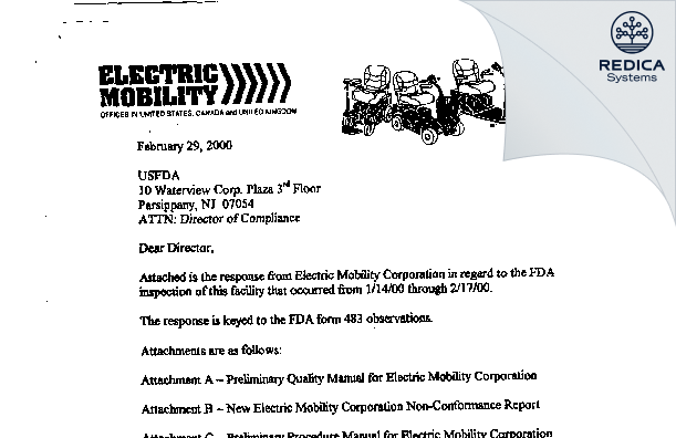 FDA 483 Response - Electric Mobility Corp [Sewell / United States of America] - Download PDF - Redica Systems