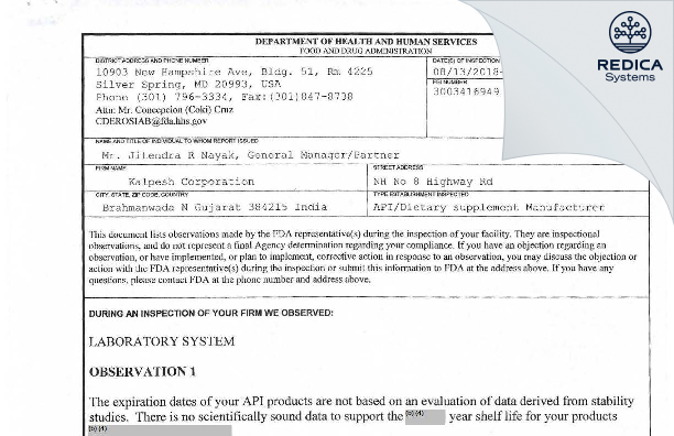 FDA 483 - Kalpesh Corporation [India / India] - Download PDF - Redica Systems