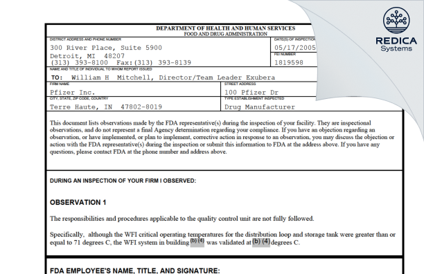 FDA 483 - Pfizer Inc [Terre Haute / United States of America] - Download PDF - Redica Systems