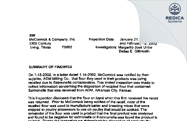 EIR - McCormick & Company, Inc., U.S. Industrial Group [Irving / United States of America] - Download PDF - Redica Systems