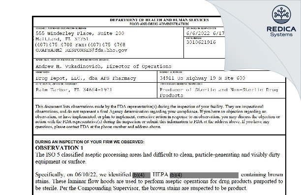 FDA 483 - Drug Depot, LLC., dba APS Pharmacy [Palm Harbor / United States of America] - Download PDF - Redica Systems