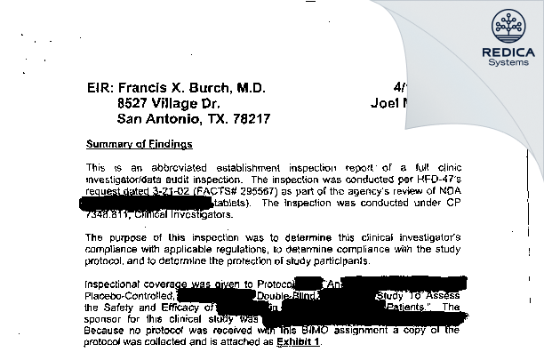 EIR - Francis X Burch, M.D. [San Antonio / United States of America] - Download PDF - Redica Systems