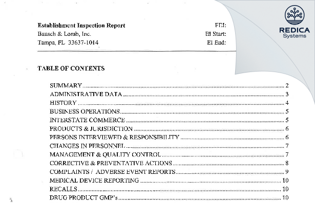 EIR - Bausch & Lomb Incorporated [Tampa / United States of America] - Download PDF - Redica Systems