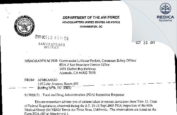 FDA 483 Response - Department Of The Air Force [Travis Afb / United States of America] - Download PDF - Redica Systems