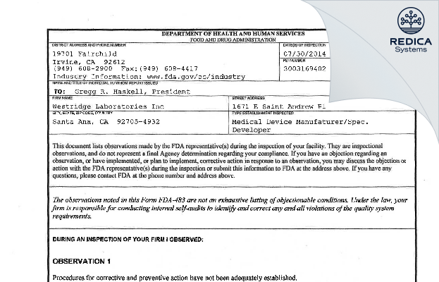 FDA 483 - Westridge Laboratories Inc [Santa Ana / United States of America] - Download PDF - Redica Systems