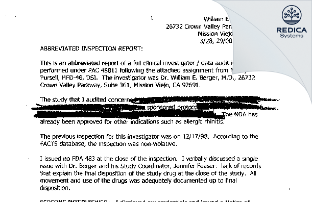 EIR - Berger Allergy Assoc Wm Md [Mission Viejo / United States of America] - Download PDF - Redica Systems