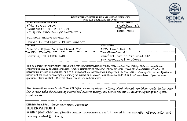 FDA 483 - Diamond Wipes International, Inc. [Bucyrus Ohio / United States of America] - Download PDF - Redica Systems