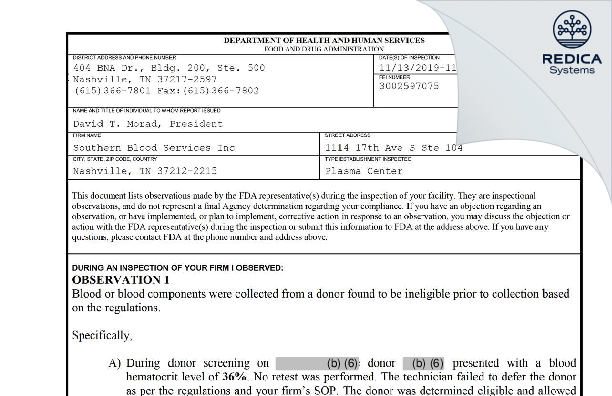 FDA 483 - Southern Blood Services Inc [Nashville / United States of America] - Download PDF - Redica Systems