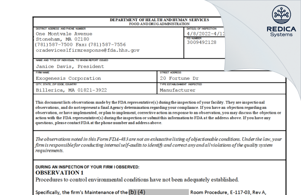 FDA 483 - Exogenesis Corporation [Billerica / United States of America] - Download PDF - Redica Systems