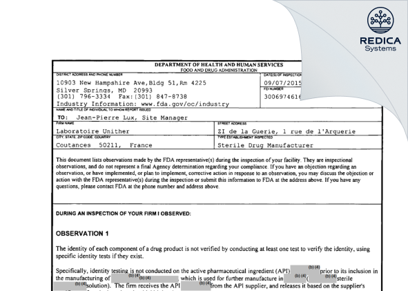 FDA 483 - Laboratoire Unither [Coutances / France] - Download PDF - Redica Systems