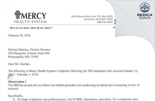 FDA 483 Response - Mercy Health System IRB [Janesville / United States of America] - Download PDF - Redica Systems