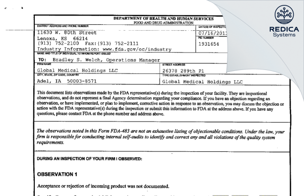 FDA 483 - Global Medical Holdings LLC [Adel / United States of America] - Download PDF - Redica Systems