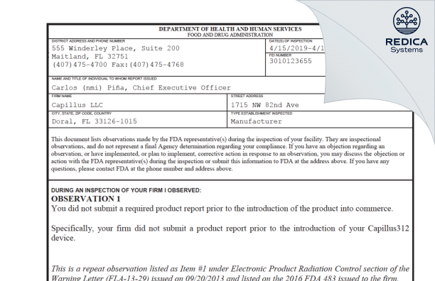 FDA 483 - Capillus LLC [Doral / United States of America] - Download PDF - Redica Systems