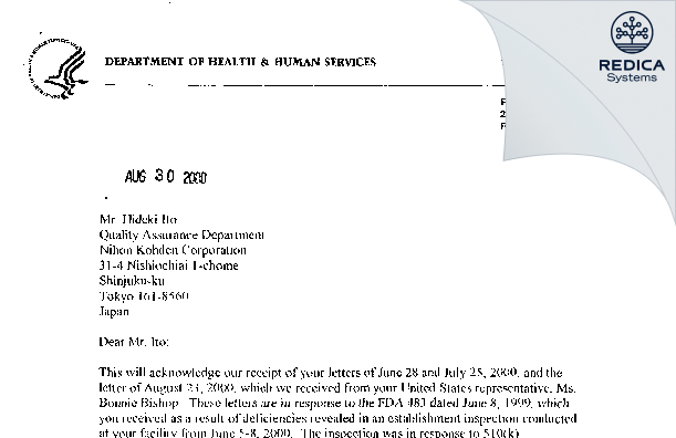 FDA 483 Response - Nihon Kohden Tomioka Corporation [Tomioka Shi / Japan] - Download PDF - Redica Systems