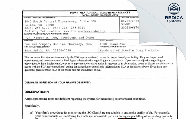 FDA 483 - Lee & Company [Fort Smith / United States of America] - Download PDF - Redica Systems