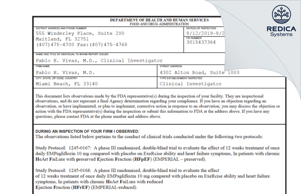 FDA 483 - Pablo H. Vivas, M.D. [Miami Beach / United States of America] - Download PDF - Redica Systems