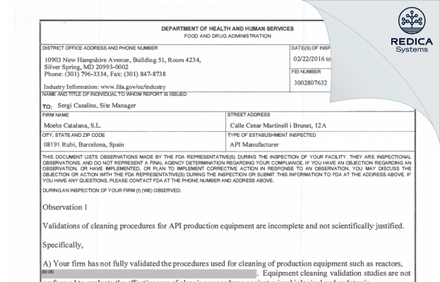FDA 483 - Moehs Catalana SL [Spain / Spain] - Download PDF - Redica Systems