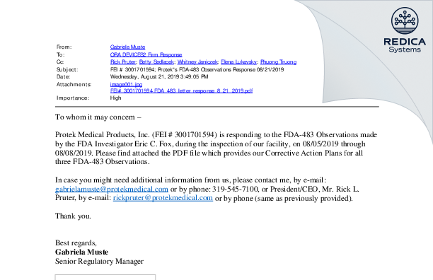 FDA 483 Response - Protek Medical Products, Inc. [Coralville / United States of America] - Download PDF - Redica Systems