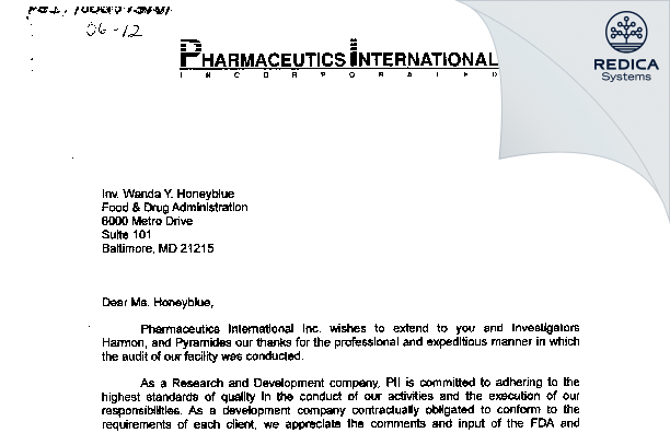 FDA 483 Response - Pharmaceutics International, Inc. [Hunt Valley Maryland / United States of America] - Download PDF - Redica Systems