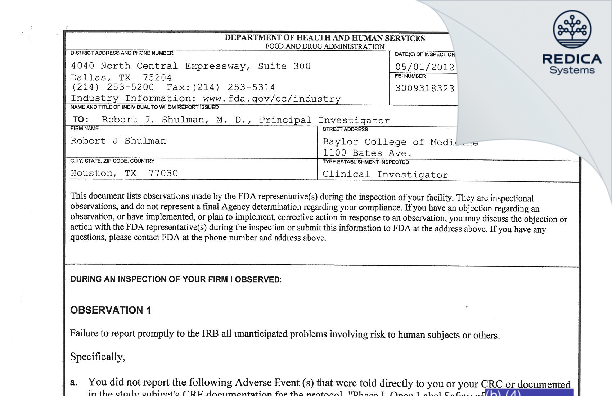 FDA 483 - Robert J Shulman [Houston / United States of America] - Download PDF - Redica Systems