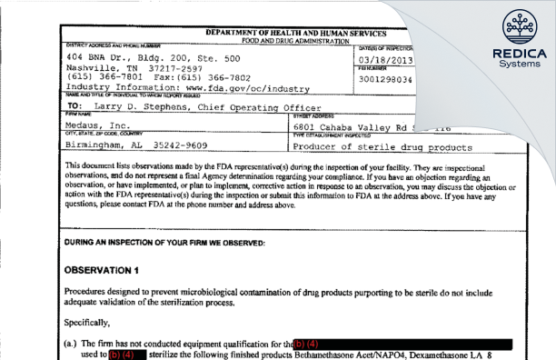 FDA 483 - Medaus, Inc. [Birmingham / United States of America] - Download PDF - Redica Systems