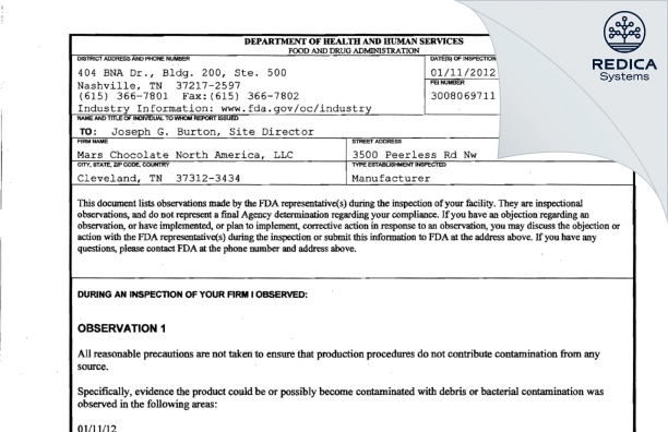 FDA 483 - Mars Wrigley Confectionery US, LLC [Cleveland / United States of America] - Download PDF - Redica Systems