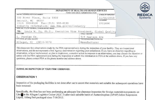 FDA 483 - L. Perrigo Company [Michigan / United States of America] - Download PDF - Redica Systems