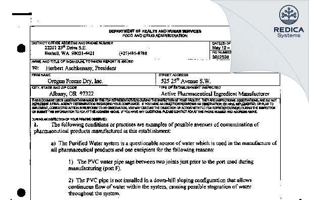 FDA 483 - OFD Biopharma, LLC [Albany / United States of America] - Download PDF - Redica Systems