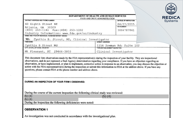 FDA 483 - Cynthia B Strout, MD [Mt Pleasant / United States of America] - Download PDF - Redica Systems