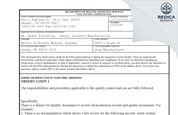 FDA 483 - Becton Dickinson and Company [Sandy / United States of America] - Download PDF - Redica Systems