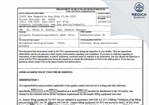 FDA 483 - Holopack-Verpackungstechnik-GmbH [Abtsgmund / Germany] - Download PDF - Redica Systems