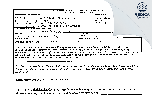 FDA 483 - Premier Dental Products Company Inc [Philadelphia / United States of America] - Download PDF - Redica Systems