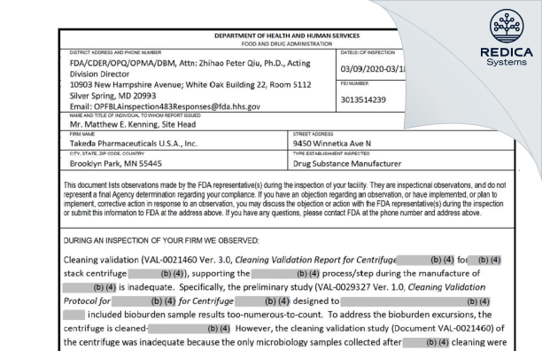 FDA 483 - Takeda Pharmaceuticals U.S.A., Inc. [Minnesota / United States of America] - Download PDF - Redica Systems